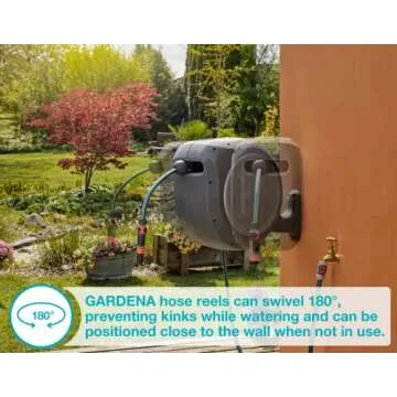 GARDENA (08055) Retractable Garden Hose Reel 100' ft, Wall Mounted, Automatic Retraction & Length Lock for Easy Watering. Heavy Duty Swivel Bracket 180°, Includes Nozzle.