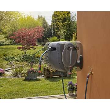 GARDENA (08055) Retractable Garden Hose Reel 100' ft, Wall Mounted, Automatic Retraction & Length Lock for Easy Watering. Heavy Duty Swivel Bracket 180°, Includes Nozzle.