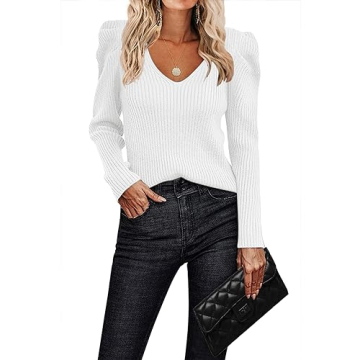 Zeagoo Womens Sweaters Fall Fashion V Neck Long Sleeve Shirt Slim Fitted Outfit Puff Tops White S