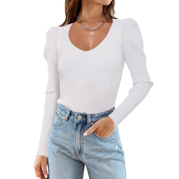 Zeagoo Womens Sweaters Fall Fashion V Neck Long Sleeve Shirt Slim Fitted Outfit Puff Tops White S