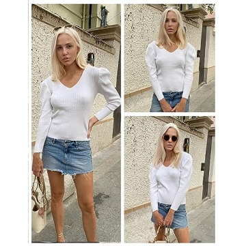 Zeagoo Womens Sweaters Fall Fashion V Neck Long Sleeve Shirt Slim Fitted Outfit Puff Tops White S