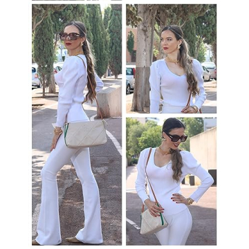 Zeagoo Womens Sweaters Fall Fashion V Neck Long Sleeve Shirt Slim Fitted Outfit Puff Tops White S