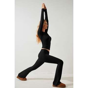 MISSACTIVER Women's Two Piece Outfit Basic Long Sleeve Crop Top and Low Rise Flare Pants Set Lounge 2 Piece Yoga Tracksuit