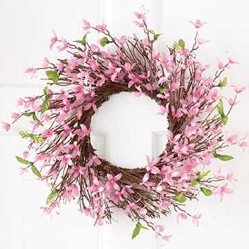 Collections Etc Spring Forsythia Floral Twig Door Wreath - Seasonal Door Accent for Any Room, Pink