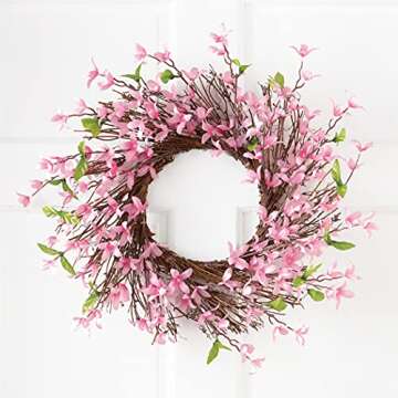 Collections Etc Spring Forsythia Floral Twig Door Wreath - Seasonal Door Accent for Any Room, Pink