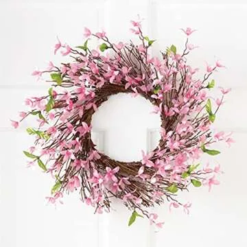 Collections Etc Spring Forsythia Floral Twig Door Wreath - Seasonal Door Accent for Any Room, Pink