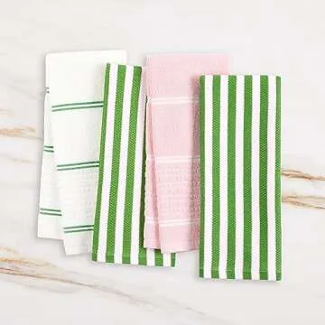 Kate Spade New York Botanical Stripe Kitchen Towels 4-Pack Set, Absorbent 100% Cotton, Green/Pink, 17"x28"