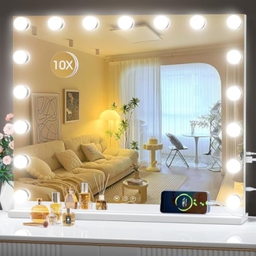 Hasipu Vanity Mirror with Dimmable Lights, 10X Magnification, USB Ports