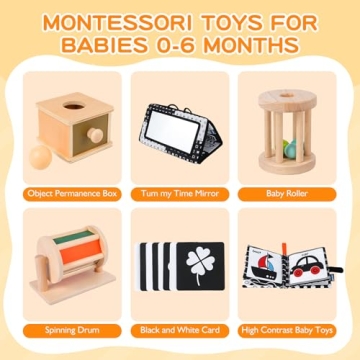 Starrykids Montessori Toys for Babies 0-6 Months, 6 in 1 Learning Educational Set for for Newborn, Toddlers Gifts Includes Spinning Drum, Object Permanence Box, Baby Roller Tummy Time Mirror and More