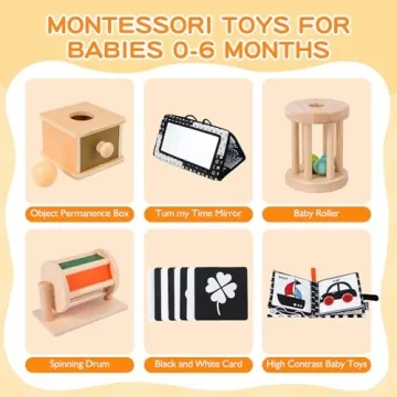 Starrykids Montessori Toys for Babies 0-6 Months, 6 in 1 Learning Educational Set for for Newborn, Toddlers Gifts Includes Spinning Drum, Object Permanence Box, Baby Roller Tummy Time Mirror and More