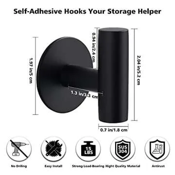 Bntuk Adhesive Towel Hooks, Heavy Duty Wall Hooks Stainless Steel Waterproof Shower Towel Hooks, Coat Hooks for Hanging Clothes, Door Hooks Adhesive Hooks for Bathroom- 4 Pack, Black