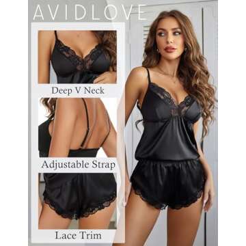 Avidlove Gifts for Women Silk Lace Lingerie Set Sexy Satin Pajamas Nighty Black Medium