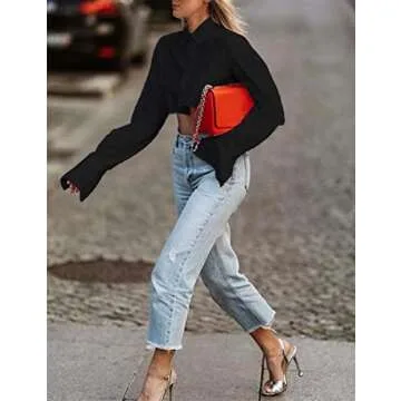 MISSACTIVER Women Solid Long Sleeve Button Up Crop Shirt Turn-Down Collar Irregular Loose Fitting Fashion Cropped Blouse Top(Medium,Black)