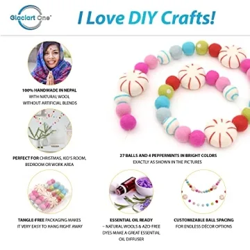 Glaciart One Peppermint Felt Ball Garland - Pompom Holiday Decoration Hand-Made from Natural Wool - Cute Hanging Decor for Christmas Tree, Mantel, Kids Bedroom, Living Room, Nursery - 7 Feet Long