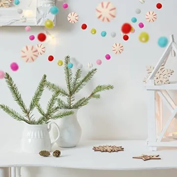 Glaciart One Peppermint Felt Ball Garland - Pompom Holiday Decoration Hand-Made from Natural Wool - Cute Hanging Decor for Christmas Tree, Mantel, Kids Bedroom, Living Room, Nursery - 7 Feet Long
