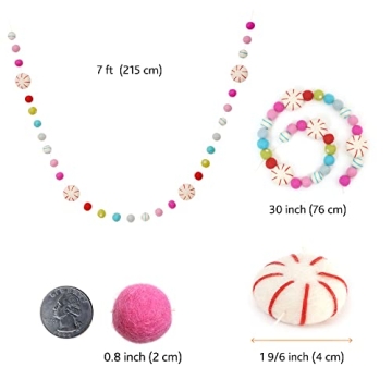 Glaciart One Peppermint Felt Ball Garland - Pompom Holiday Decoration Hand-Made from Natural Wool - Cute Hanging Decor for Christmas Tree, Mantel, Kids Bedroom, Living Room, Nursery - 7 Feet Long