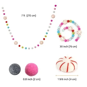 Glaciart One Peppermint Felt Ball Garland - Pompom Holiday Decoration Hand-Made from Natural Wool - Cute Hanging Decor for Christmas Tree, Mantel, Kids Bedroom, Living Room, Nursery - 7 Feet Long