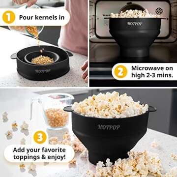 The Original HotPop Silicone Popcorn Maker - Microwave Popcorn Popper - Collapsible Bowl, Heat-Resistant, Easy to Clean, Ideal for Family Movie Nights, 15-Cup Capacity - Black