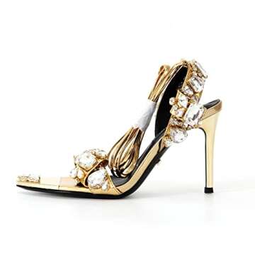 XOBZJH Black with Gold Strappy Pointed open toe Stiletto Sexy Sandals Women, Designer Rhinestone For...