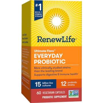 Renew Life Everyday Probiotic Capsules, Daily Supplement Supports Urinary, Digestive and Immune Health, L. Rhamnosus GG, Dairy, Soy and gluten-free, 15 Billion CFU, 60 Count