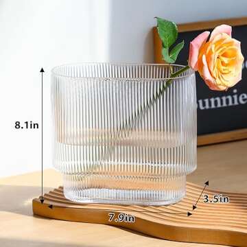 Fixwal Ribbed Clear Glass Vase Aesthetics Flower Vases 8 Inch for Centerpieces Modern Fluted Design ...