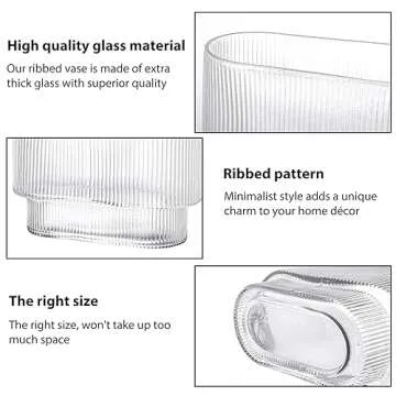 Fixwal Ribbed Clear Glass Vase Aesthetics Flower Vases 8 Inch for Centerpieces Modern Fluted Design for Wedding Dinner Table and Bedroom and Home Decor