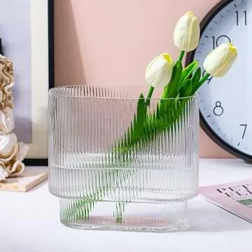 Fixwal Ribbed Clear Glass Vase Aesthetics Flower Vases 8 Inch for Centerpieces Modern Fluted Design for Wedding Dinner Table and Bedroom and Home Decor