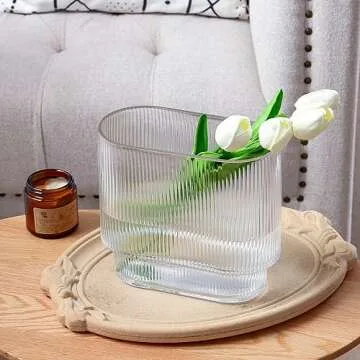 Fixwal Ribbed Clear Glass Vase Aesthetics Flower Vases 8 Inch for Centerpieces Modern Fluted Design for Wedding Dinner Table and Bedroom and Home Decor