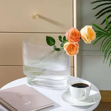 Fixwal Ribbed Clear Glass Vase Aesthetics Flower Vases 8 Inch for Centerpieces Modern Fluted Design for Wedding Dinner Table and Bedroom and Home Decor