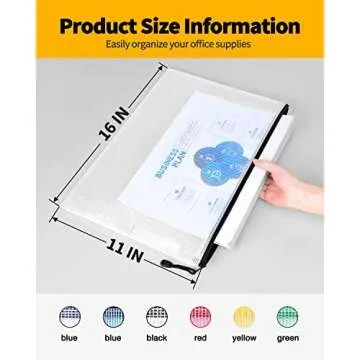 SUNEE Plastic Mesh Zipper Pouch 11x16 in (Black, 12 Packs) Extra Large Zip File Bags for Office Supp...