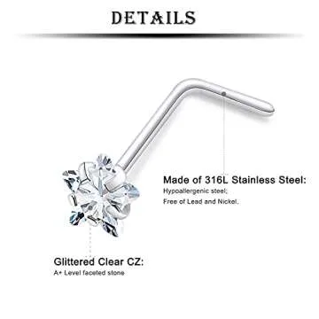Kridzisw 20G Nose Ring Stud Piercing jewelry for Women 316L Stainless Surgical Steel Heart Star L Shaped Bent Curved Hyopallergenic Nose nostril Ring Stud Set Pirecing Jewelry men 1.5mm 2mm 2.5mm 3mm