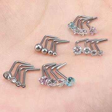 Kridzisw 20G Nose Ring Stud Piercing jewelry for Women 316L Stainless Surgical Steel Heart Star L Shaped Bent Curved Hyopallergenic Nose nostril Ring Stud Set Pirecing Jewelry men 1.5mm 2mm 2.5mm 3mm