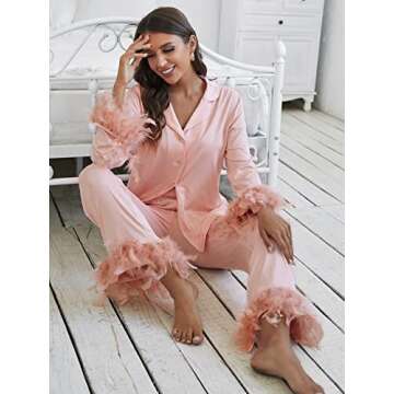 WDIRARA Women's Sleepwear 2 Piece Fuzzy Trim Button Down Long Sleeve and Pants Pj Set Light Pink XS