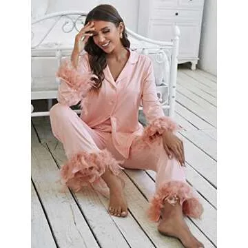 WDIRARA Women's Sleepwear 2 Piece Fuzzy Trim Button Down Long Sleeve and Pants Pj Set Light Pink XS