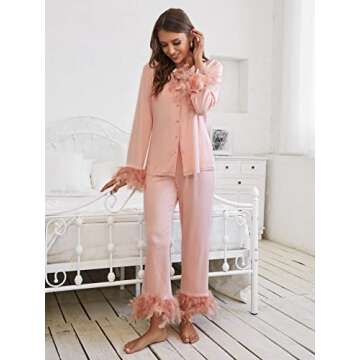 WDIRARA Women's Sleepwear 2 Piece Fuzzy Trim Button Down Long Sleeve and Pants Pj Set Light Pink XS