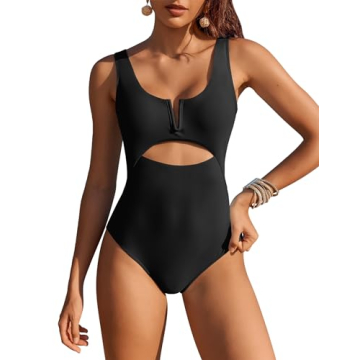 AI'MAGE Women's One Piece Swimsuits Tummy Control Bathing Suit 2024 Cutout High Waisted V Neck Monok...