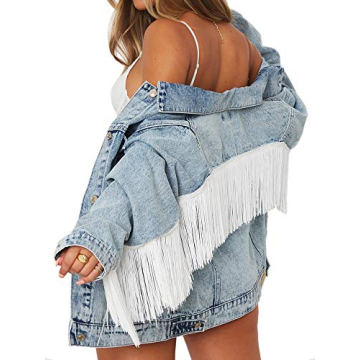 Fringe Jean Jacket Women Oversized Denim Jacket (S, Acid blue washed)