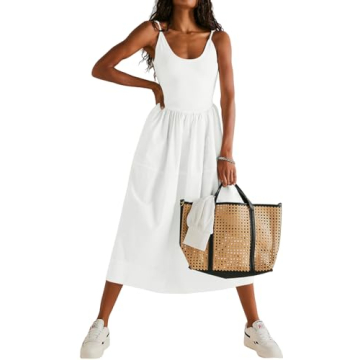 Fisoew Womens Spaghetti Strap Dress V Neck Backless Summer Casual A Line Cami Dress with Pocket Whit...