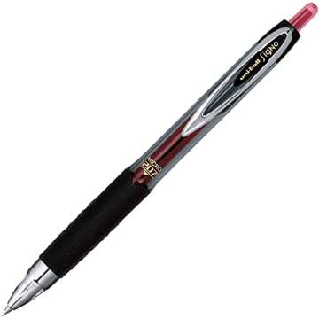 uniball Signo 207 Gel Pen, Retractable, Micro 0.5 Mm, Red Ink, Smoke/black/red Barrel, Dozen