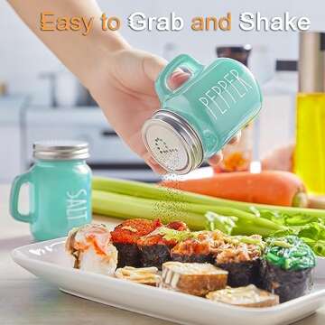 Turquoise Salt and Pepper Shakers Set - Teal Kitchen Decor and Accessories for Home Restaurants Wedding - Glass Salt and Pepper Set for Cooking Table, RV, BBQ, Easy to Clean & Refill