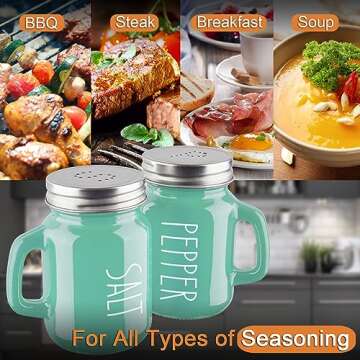 Turquoise Salt and Pepper Shakers Set - Teal Kitchen Decor and Accessories for Home Restaurants Wedding - Glass Salt and Pepper Set for Cooking Table, RV, BBQ, Easy to Clean & Refill