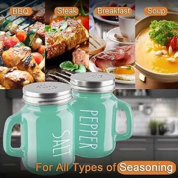 Turquoise Salt and Pepper Shakers Set - Teal Kitchen Decor and Accessories for Home Restaurants Wedding - Glass Salt and Pepper Set for Cooking Table, RV, BBQ, Easy to Clean & Refill