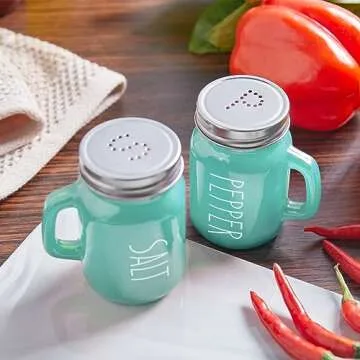 Turquoise Salt and Pepper Shakers Set - Teal Kitchen Decor and Accessories for Home Restaurants Wedding - Glass Salt and Pepper Set for Cooking Table, RV, BBQ, Easy to Clean & Refill