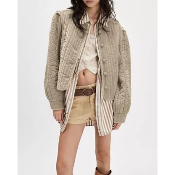 Locachy Women's Vintage Crew Neck Quilted Puffer Jacket Button Down Padded Cropped Fall Winter Outerwear Coat Khaki XL