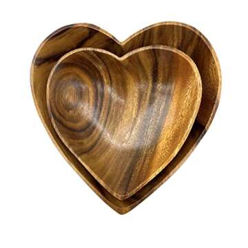 Wooden Bowl Set of 2, Decorative Heart Shaped Server for Food, Salad, Nut Mixes, Candle Display, Versatile, Use as a Jewelry, Coin Catchall Dish, Add Heart to Culinary Creations, Acacia Wood