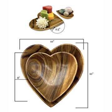 Wooden Bowl Set of 2, Decorative Heart Shaped Server for Food, Salad, Nut Mixes, Candle Display, Versatile, Use as a Jewelry, Coin Catchall Dish, Add Heart to Culinary Creations, Acacia Wood