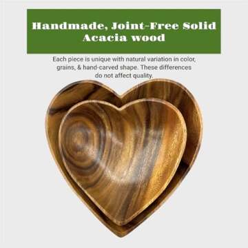 Wooden Bowl Set of 2, Decorative Heart Shaped Server for Food, Salad, Nut Mixes, Candle Display, Versatile, Use as a Jewelry, Coin Catchall Dish, Add Heart to Culinary Creations, Acacia Wood