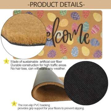 Easter Coir Doormat Spring Welcome Mat - Colorful Easter Eggs Front Door Mat Indoor Outdoor Entrance Decor 17 X 29 Inch