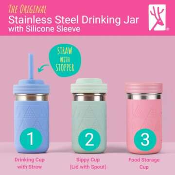 Elk and Friends Stainless Steel Cups |14 oz Mason Jar design | Kids & Toddler Cups with Silicone Sle...
