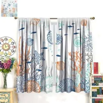 JanJCurt Nautical Coastal Curtains, Starfish Seashell Coral Beach Themed Drapes Ocean Orange Blue Teal Conch Print Window Treatments for Kitchen Living Room Bedroom, 42x45 Inch (No Blackout)